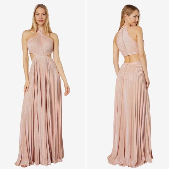 NWT NEW BCBGMaxAzria Pink Pleated Metallic Cross Neck Evening Gown Size 8 - Picture 2 of 3